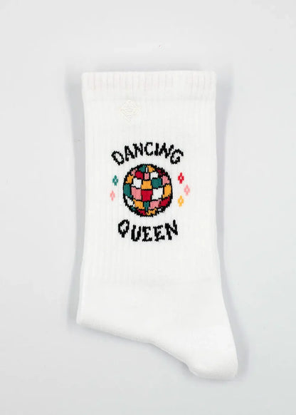 J Clay Dancing Queen Tennissocke in Weiß für Erwachsene unisex mit buntem Discokugel-Motiv vor hellem Hintergrund bei Burgfrollein