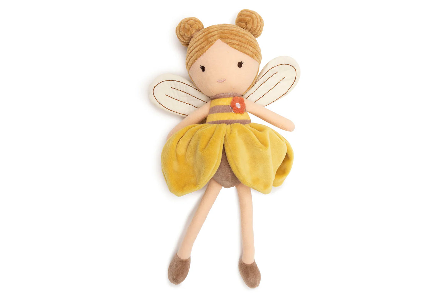 Jollein Stoffpuppe „Bee Lily" im Bienen-Outfit mit gelbem Kleid, Flügeln und Dutt-Frisur – Produktbild auf weißem Hintergrund bei Burgfrollein