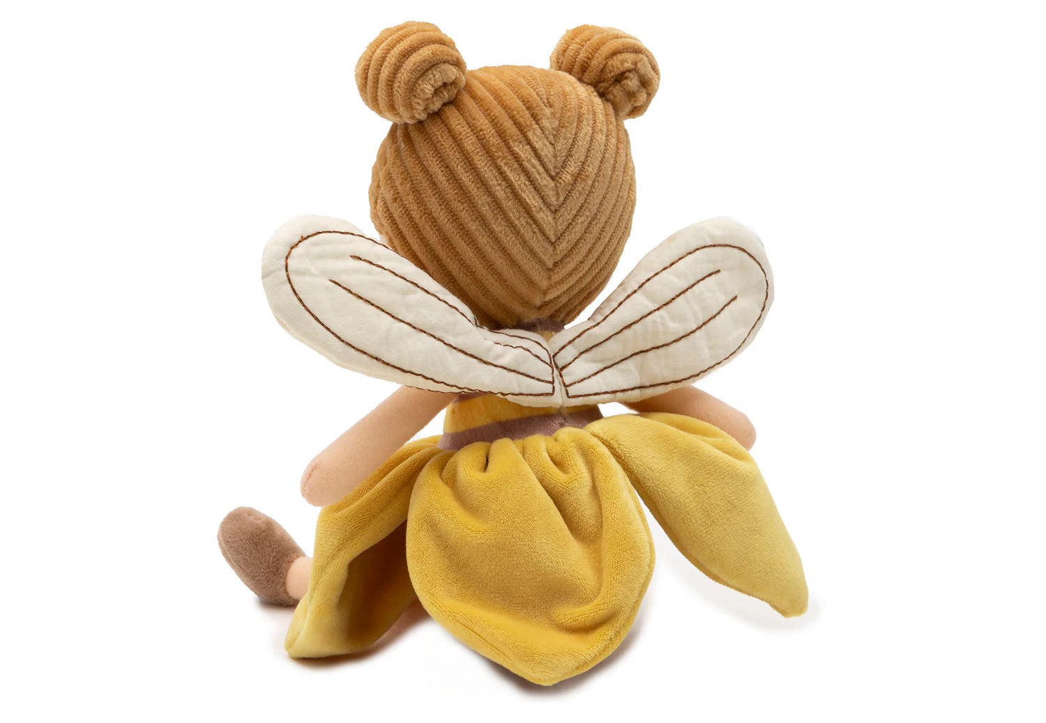 Rückansicht der Jollein Stoffpuppe „Bee Lily" im Bienen-Outfit mit Flügeln und Cord-Dutt-Frisur auf weißem Hintergrund bei Burgfrollein