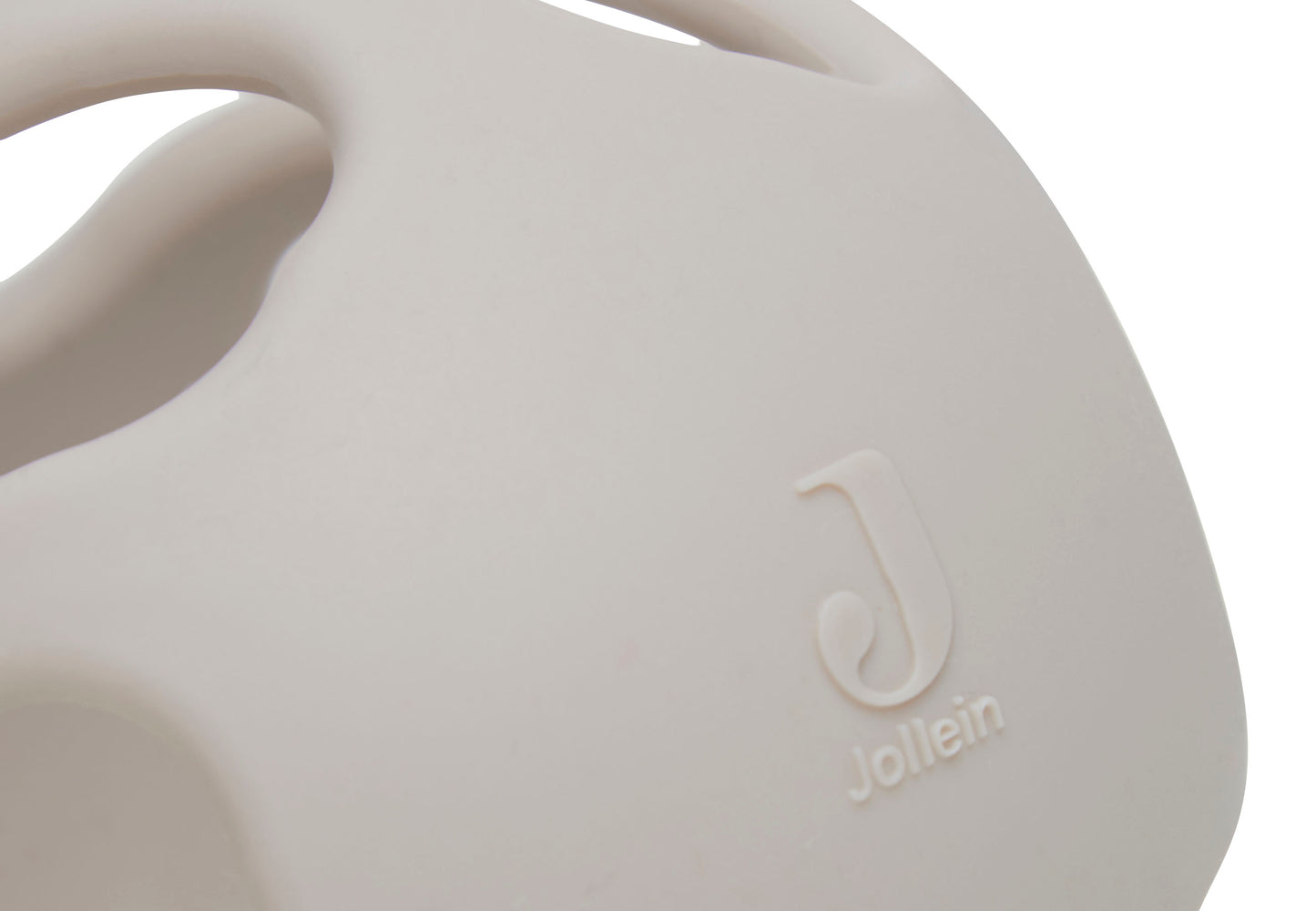 Nahaufnahme des eingeprägten Jollein-Logos auf dem Silikonball – Beißspielzeug für Babys