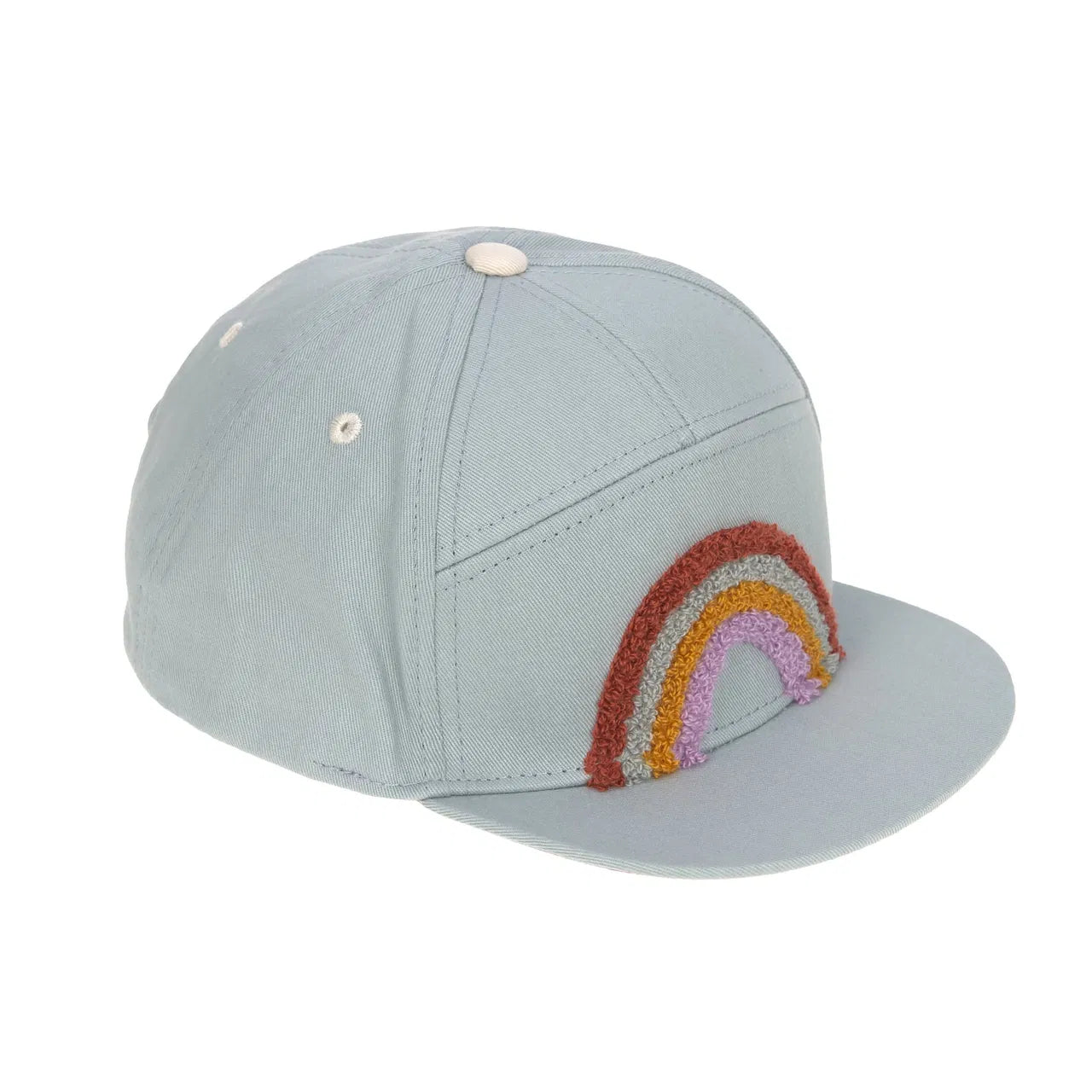 Hellblaue Kinder-Kappe Rainbow mit gesticktem Regenbogen-Motiv von Lässig in der Schrägansicht