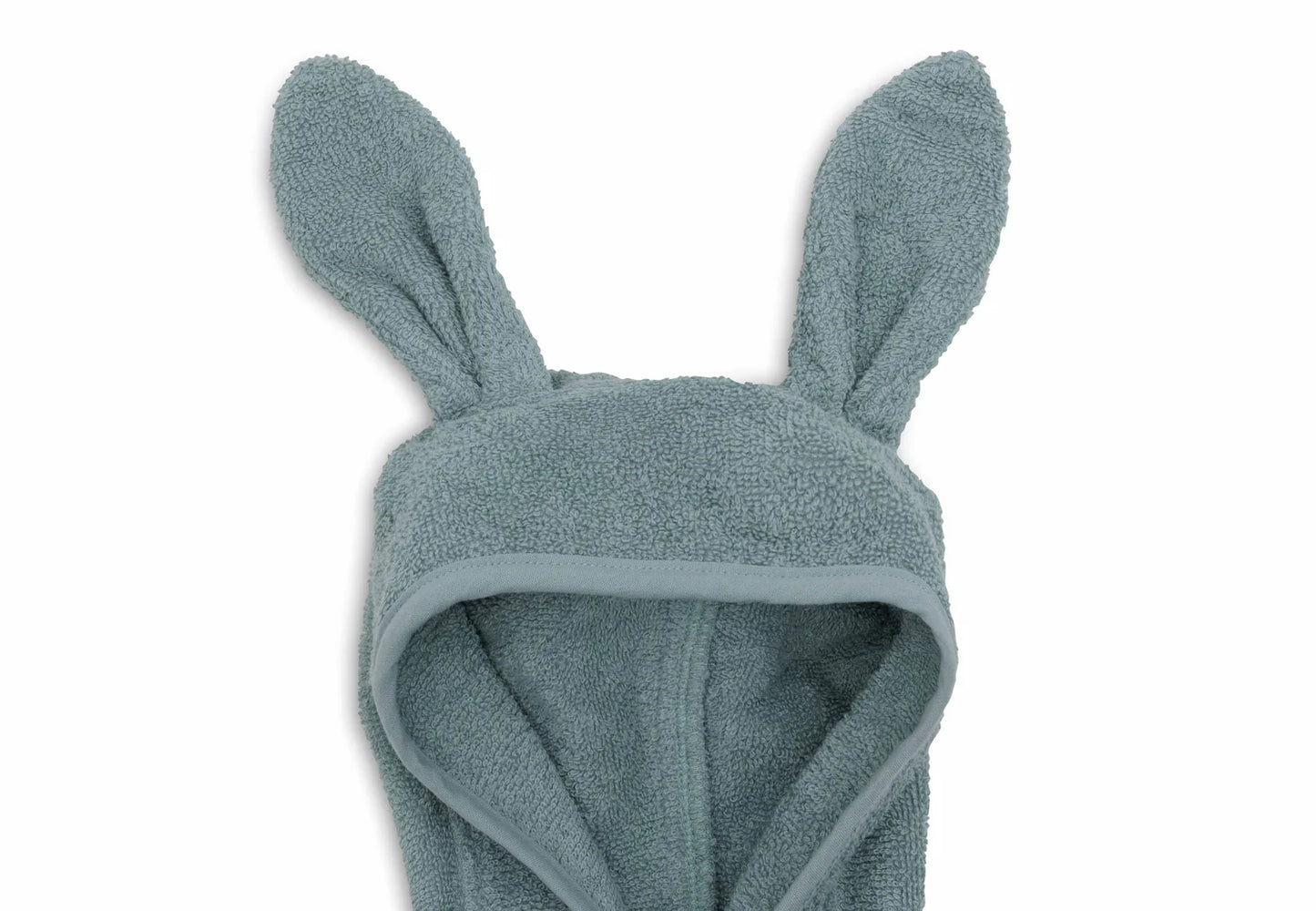 Kinder-Bademantel Sea Green Kapuze mit Hasenohren Detailansicht – Frottee Bademantel 1-2 Jahre, Geschenk zur Geburt oder Babyparty