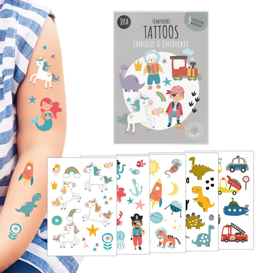 Kindertattoos "Fantasie & Entdecker" mit Einhörnern, Dinosaurier, Piraten und Mehr