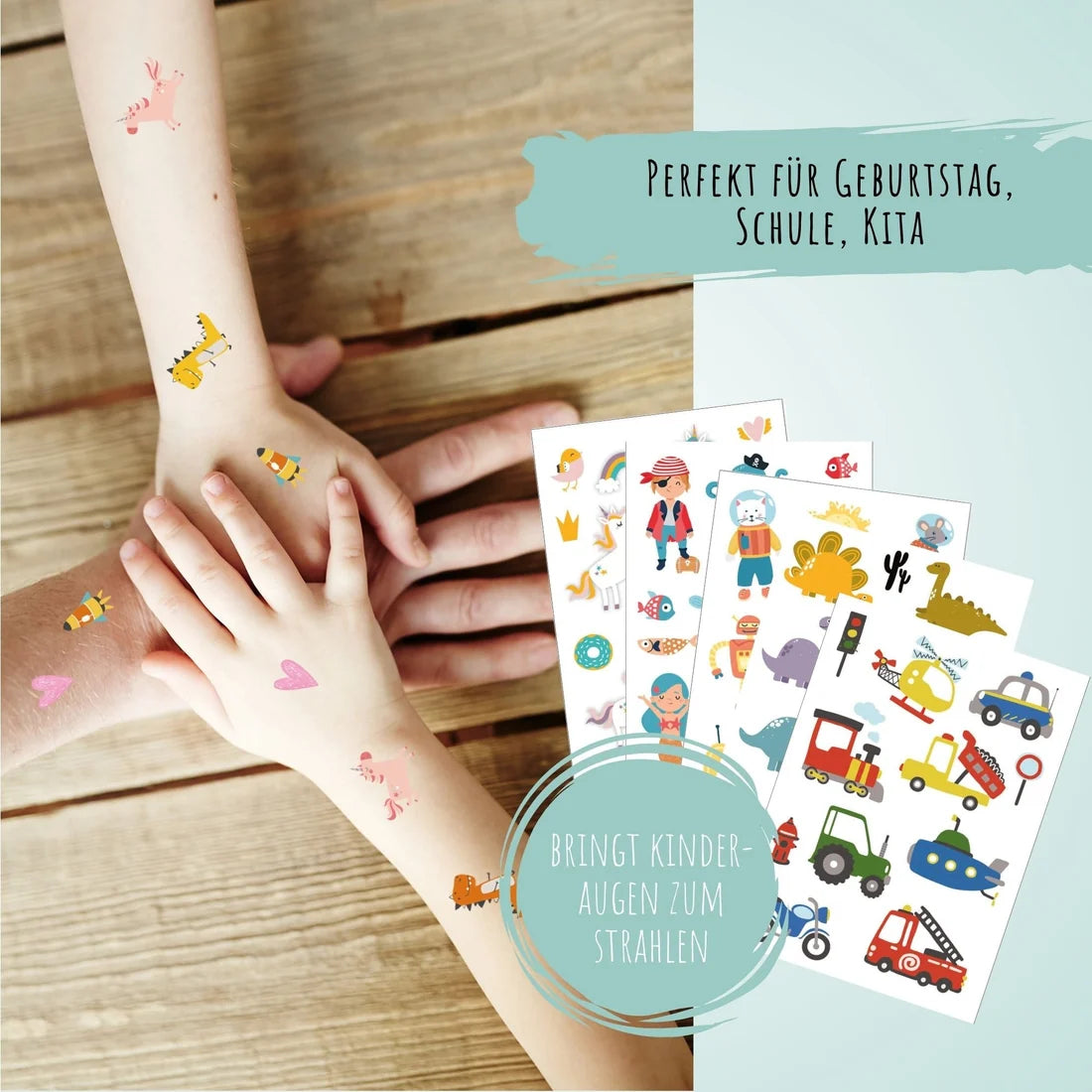 Kindertattoos "Fantasie & Entdecker" mit Einhörnern, Dinosaurier, Piraten und Mehr