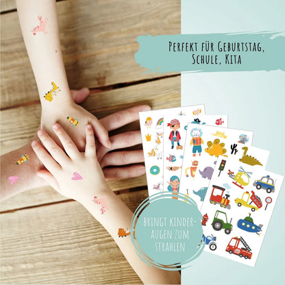 Kindertattoos "Fantasie & Entdecker" mit Einhörnern, Dinosaurier, Piraten und Mehr