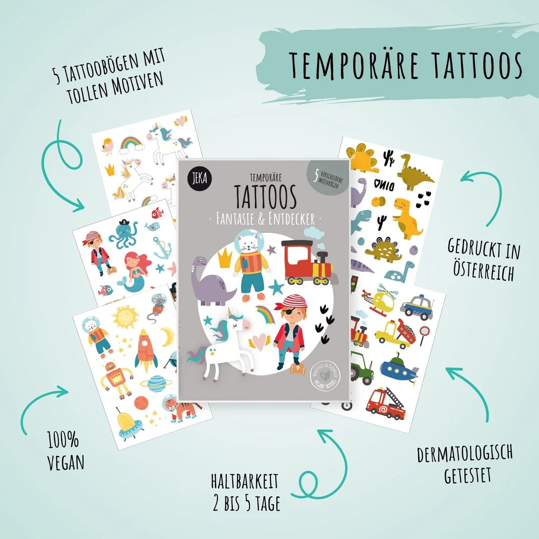 Kindertattoos "Fantasie & Entdecker" mit Einhörnern, Dinosaurier, Piraten und Mehr