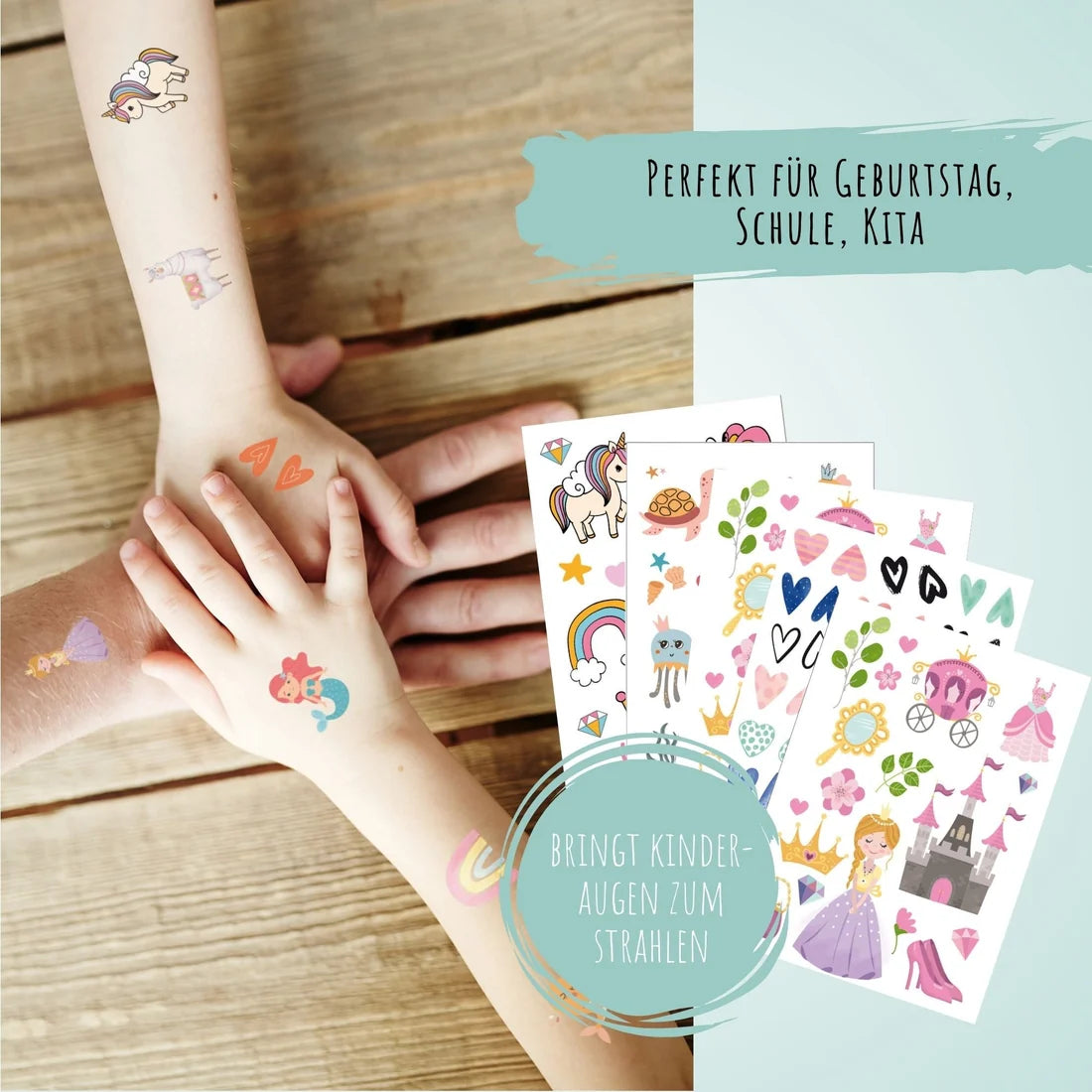 Kindertattoos "Fantasie" mit Meerjungfrauen, Einhörnern und Mehr