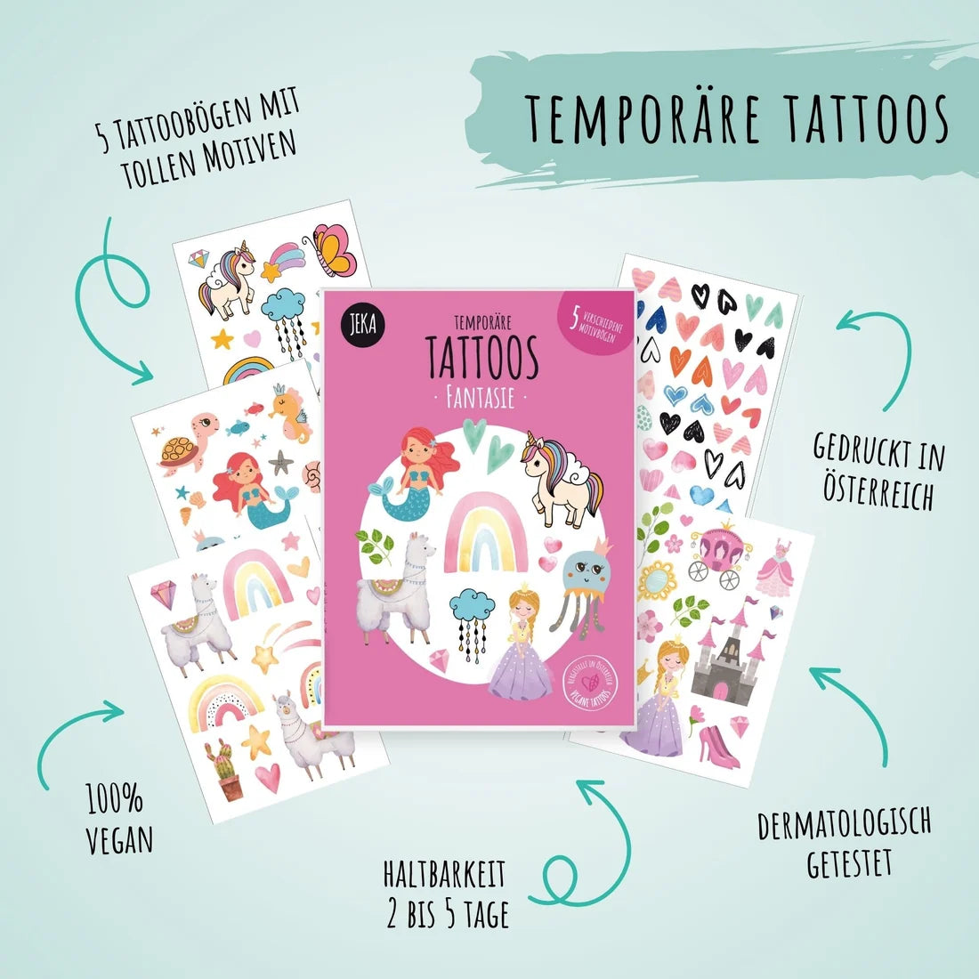 Kindertattoos "Fantasie" mit Meerjungfrauen, Einhörnern und Mehr