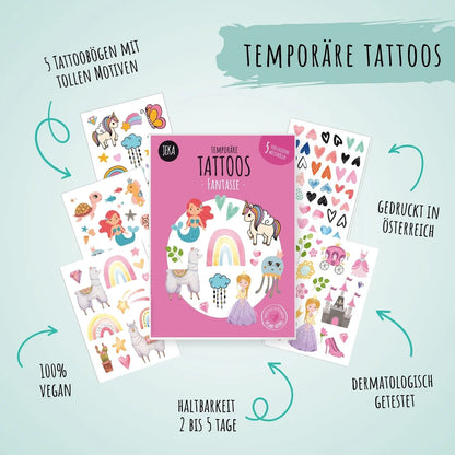 Kindertattoos "Fantasie" mit Meerjungfrauen, Einhörnern und Mehr