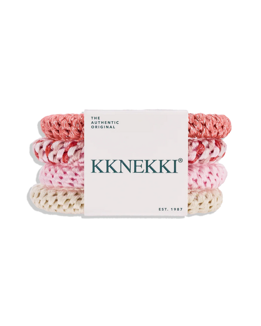 Kknekki Haargummis 4er-Set Bundle 62 in Altrosa mit Glitzer, Rosa-Weiß-Marmor, Rosa und Creme – knitterfreie Original Haargummis von Kknekki bei Burgfrollein