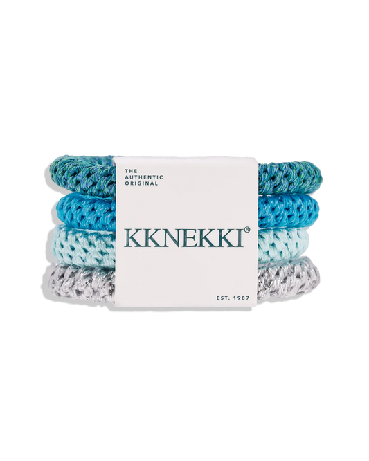 Kknekki Haargummis 4er-Set Bundle 64 in Petrol, Mittelblau, Hellblau und Silber-Weiß – knitterfreie Original Haargummis von Kknekki bei Burgfrollein