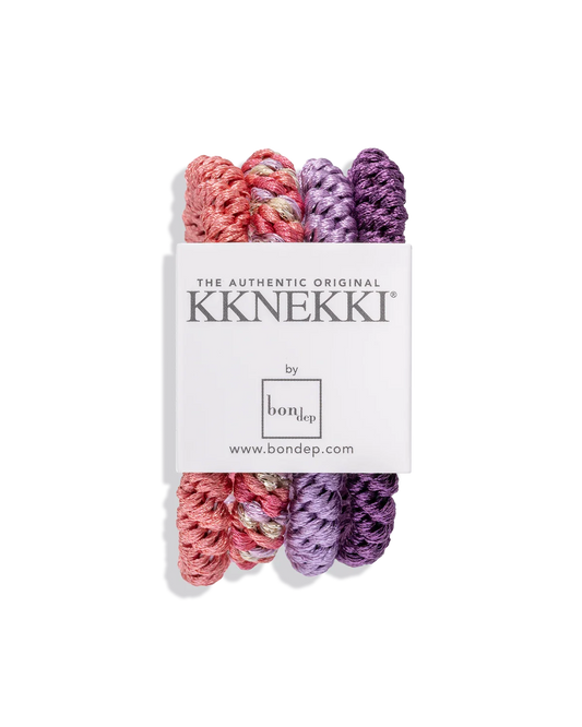 Kknekki Haargummis 4er-Set in Koralle, Rosa, Lila und Violett mit Gold-Glitzer – knitterfreie Original Haargummis von Kknekki by Bon Dep bei Burgfrollein