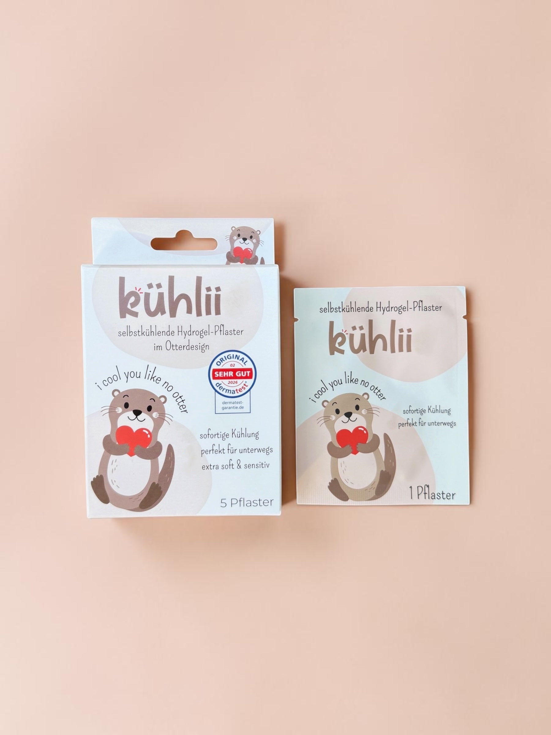 Kühlii selbstkühlendes Hydrogel-Pflaster im Otterdesign für Kinder – Faltschachtel und Einzelpflaster gegen Beulen