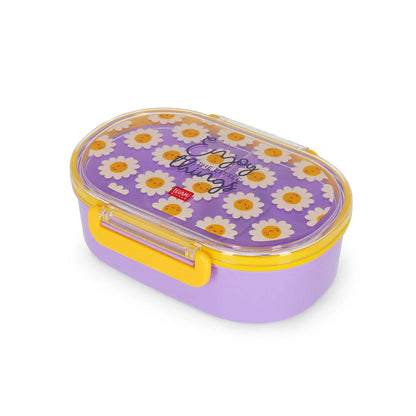 Legami Brotdose Snack & Go Daisy von oben mit Gänseblümchen-Deckel und lila Unterteil – Lunchbox für Kinder zur Einschulung