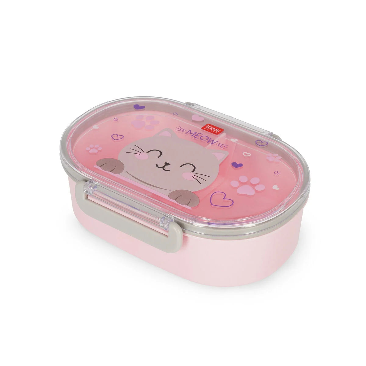Legami Brotdose Snack & Go Kitty von oben – rosa Lunchbox mit süßem Katzen-Gesicht, Pfoten und Herzen auf dem Deckel, für Kinder zur Einschulung
