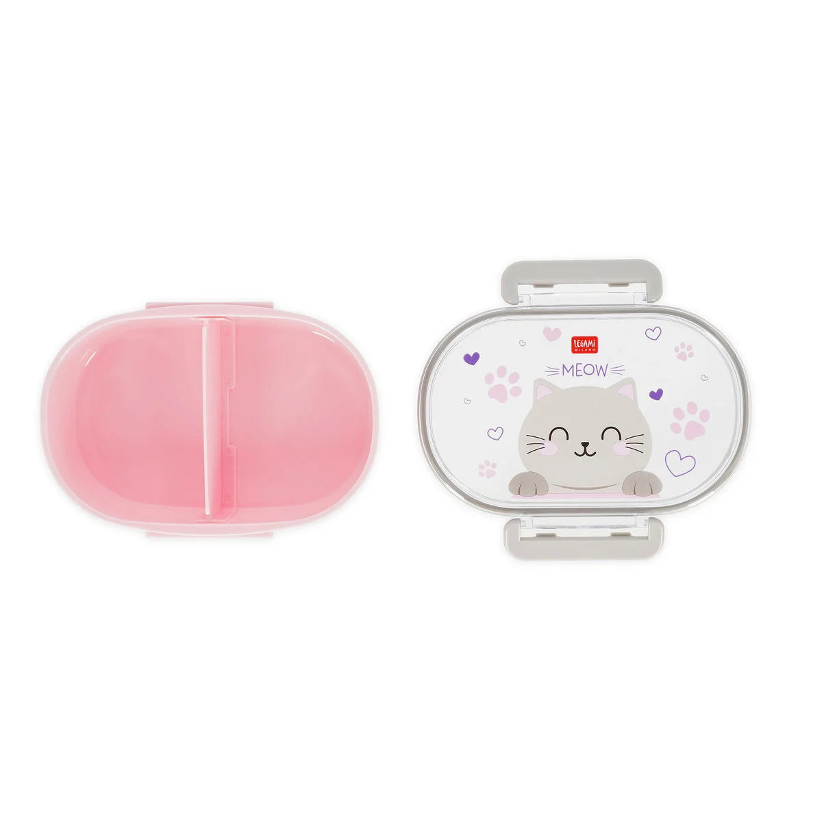 Legami Brotdose Snack & Go Kitty geöffnet – rosa Unterteil und Deckel mit süßem Katzen-Motiv, Lunchbox für Kinder zur Einschulung