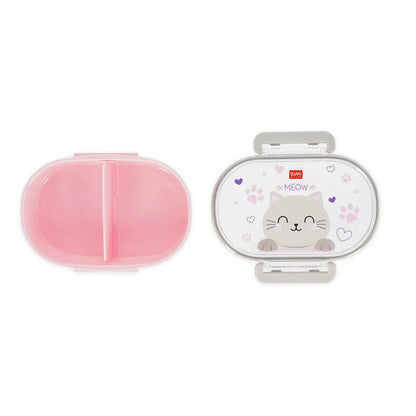 Legami Brotdose Snack & Go Kitty geöffnet – rosa Unterteil und Deckel mit süßem Katzen-Motiv, Lunchbox für Kinder zur Einschulung