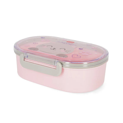 Legami Brotdose Snack & Go Kitty geschlossen in Seitenansicht – rosa Lunchbox mit transparentem Deckel und Katzen-Motiv für Kinder zur Einschulung