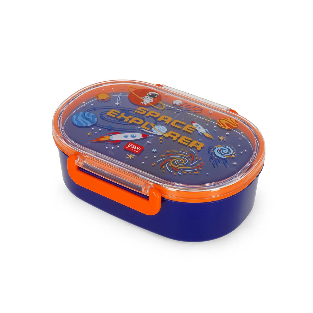 Legami Brotdose Snack & Go Space Explorer von oben – blaue Lunchbox mit Weltraum-Motiv, Astronaut und Rakete auf dem Deckel, für Kinder zur Einschulung