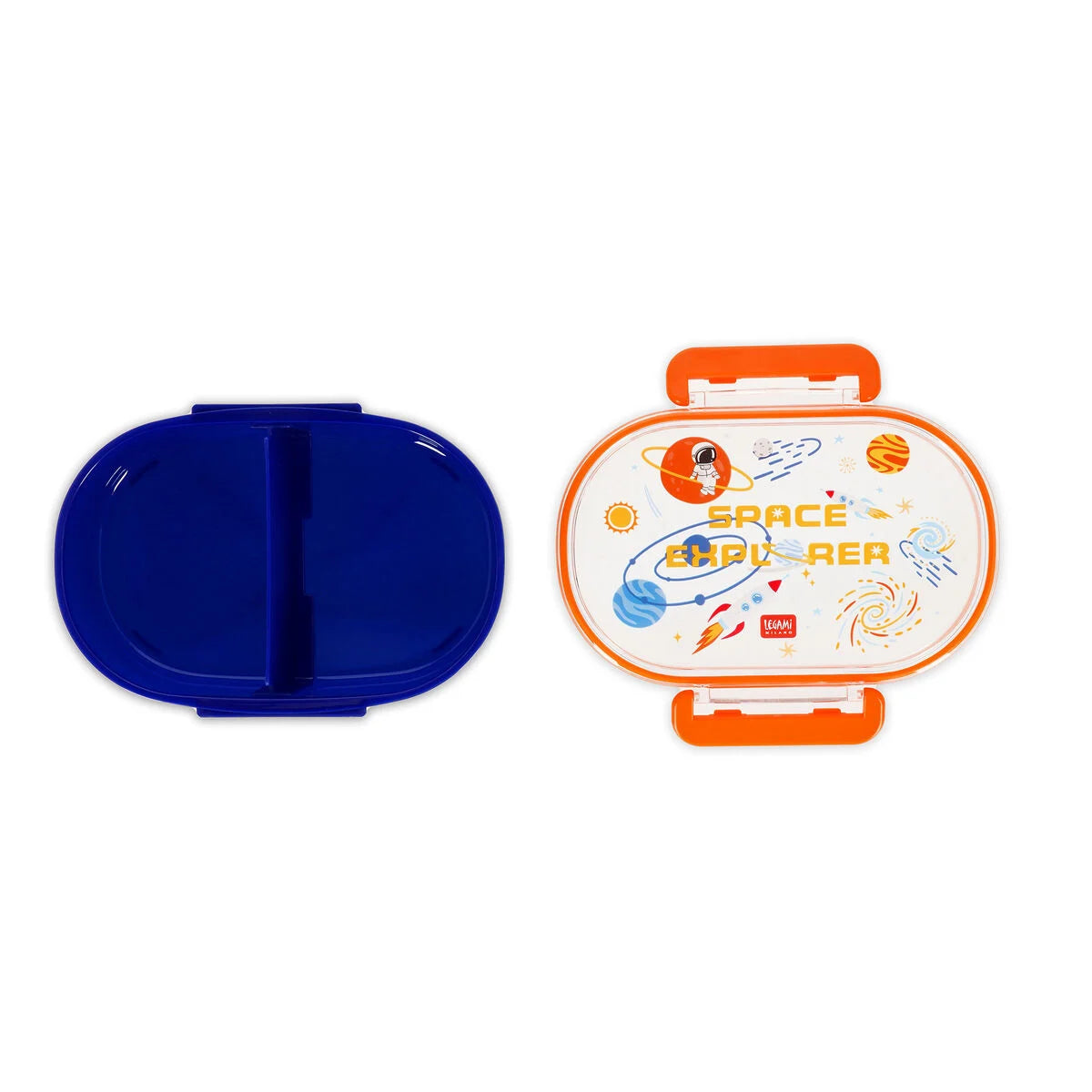 Legami Brotdose Snack & Go Space geöffnet mit blauem Unterteil und Deckel mit Weltraum-Motiv – Lunchbox für Kinder zur Einschulung