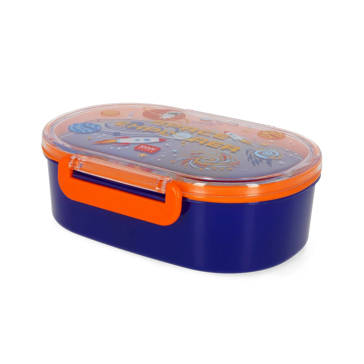 Legami Brotdose Snack & Go Space geschlossen in Seitenansicht – blaue Lunchbox mit transparentem Deckel und Weltraum-Motiv für Kinder