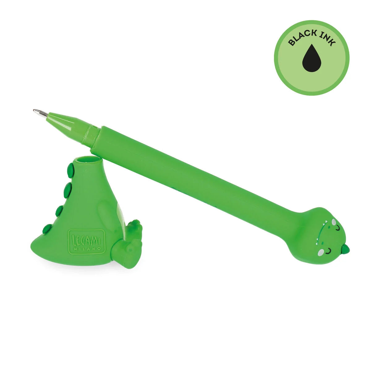 Legami Kugelschreiber Stand-Ink Ovation Dinosaurier liegend mit Standfüß – Detailansicht mit schwarzer Tinte, grüner Tier-Stift für die Schultüte
