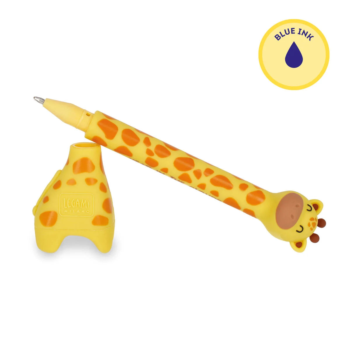 Legami Kugelschreiber Stand-Ink Ovation Giraffe liegend mit Standfüß – Detailansicht mit dunkelblauer Tinte, lustiger Tier-Stift für die Schultüte