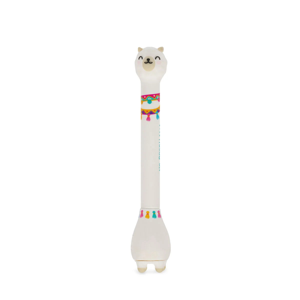 Legami Kugelschreiber Stand-Ink Ovation Lama freigestellt in Gesamtansicht – weißer Tier-Stift mit buntem Satteldekor, Geschenkidee zur Einschulung für die Schultüte