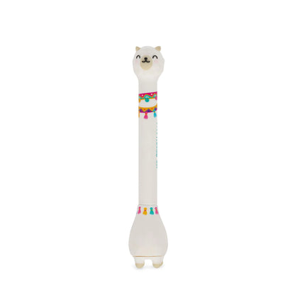 Legami Kugelschreiber Stand-Ink Ovation Lama freigestellt in Gesamtansicht – weißer Tier-Stift mit buntem Satteldekor, Geschenkidee zur Einschulung für die Schultüte