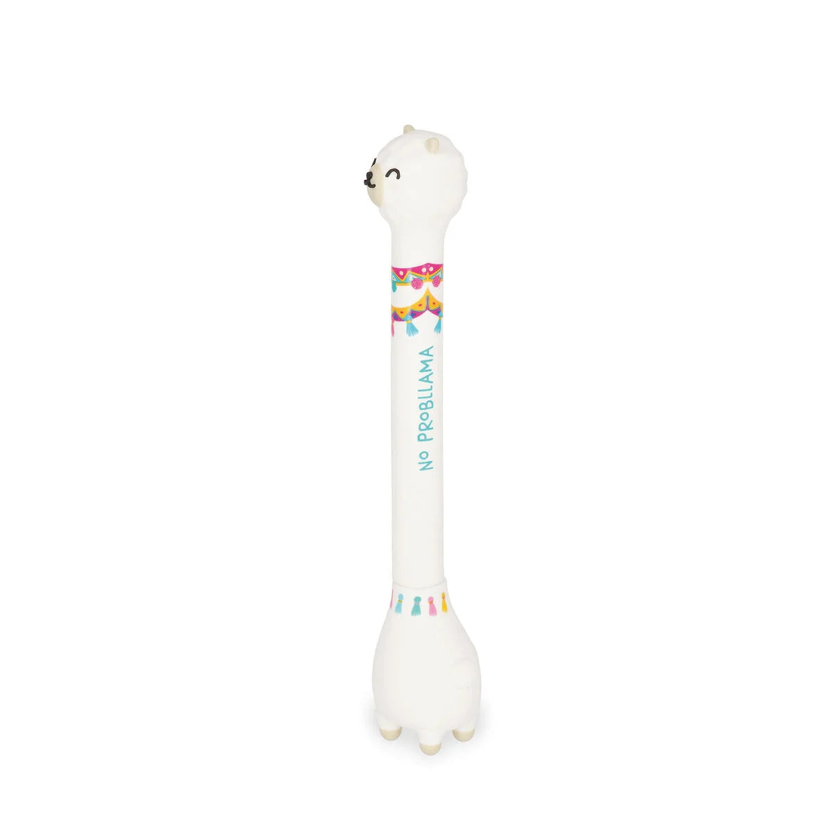 Legami Kugelschreiber Stand-Ink Ovation Lama stehend in Nahaufnahme – weißer Tier-Stift mit buntem Satteldekor und Standfüß, Geschenkidee zur Einschulung