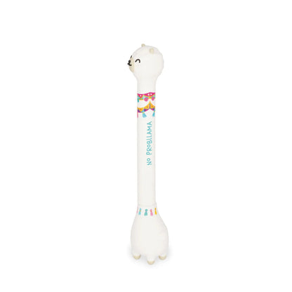 Legami Kugelschreiber Stand-Ink Ovation Lama stehend in Nahaufnahme – weißer Tier-Stift mit buntem Satteldekor und Standfüß, Geschenkidee zur Einschulung