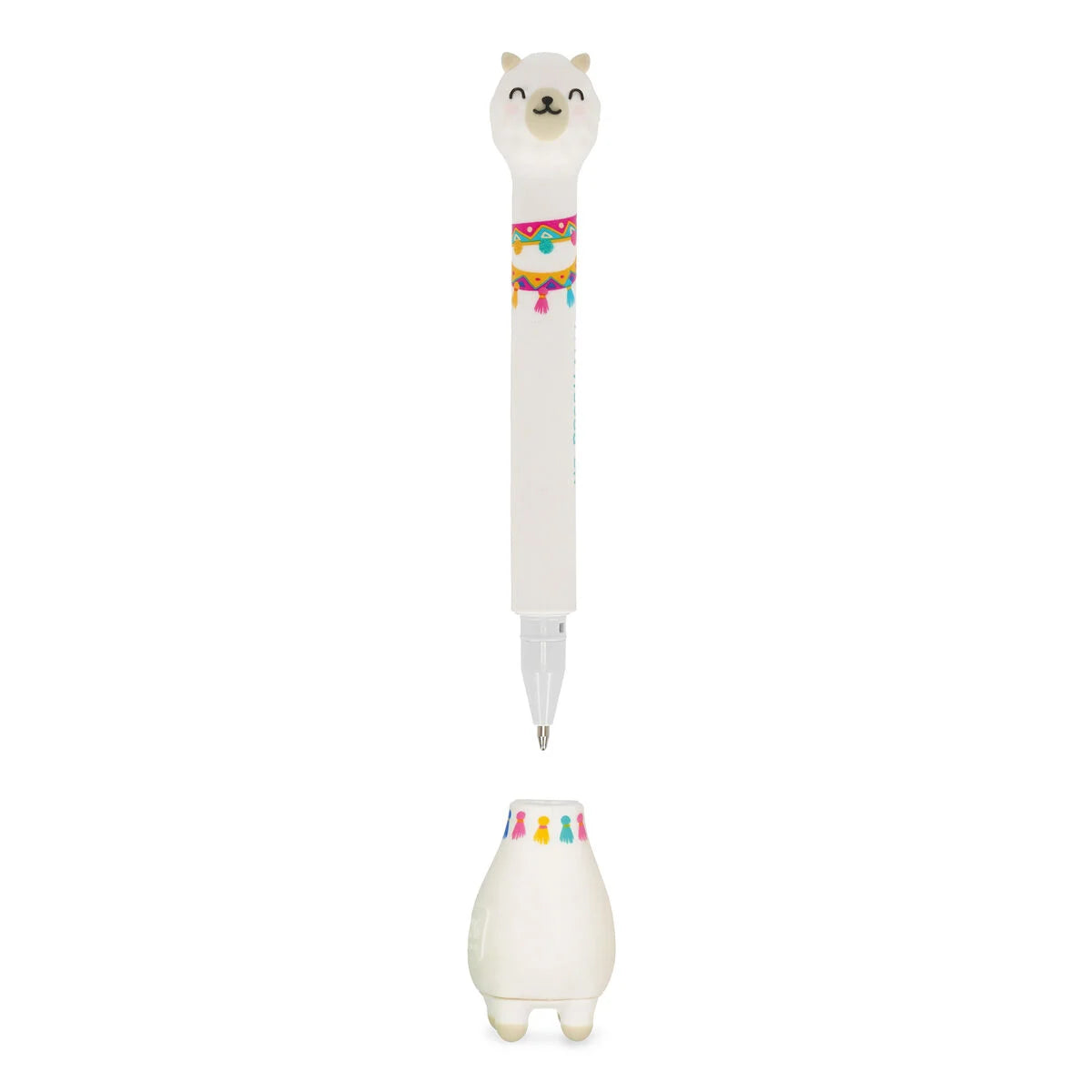Legami Kugelschreiber Stand-Ink Ovation Lama – Stift und Standfüß als Einzelteile freigestellt, weißer Tier-Stift mit hellblauer Tinte für Kinder zur Einschulung