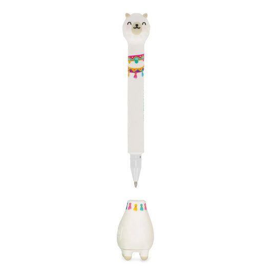 Legami Kugelschreiber Stand-Ink Ovation Lama – Stift und Standfüß als Einzelteile freigestellt, weißer Tier-Stift mit hellblauer Tinte für Kinder zur Einschulung