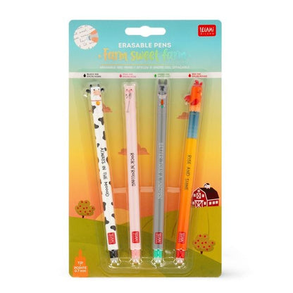 Originalverpackung des Legami Farm Sweet Farm Sets mit vier löschbaren Gelstiften mit Kuh, Schwein, Esel und Hahn bei Burgfrollein