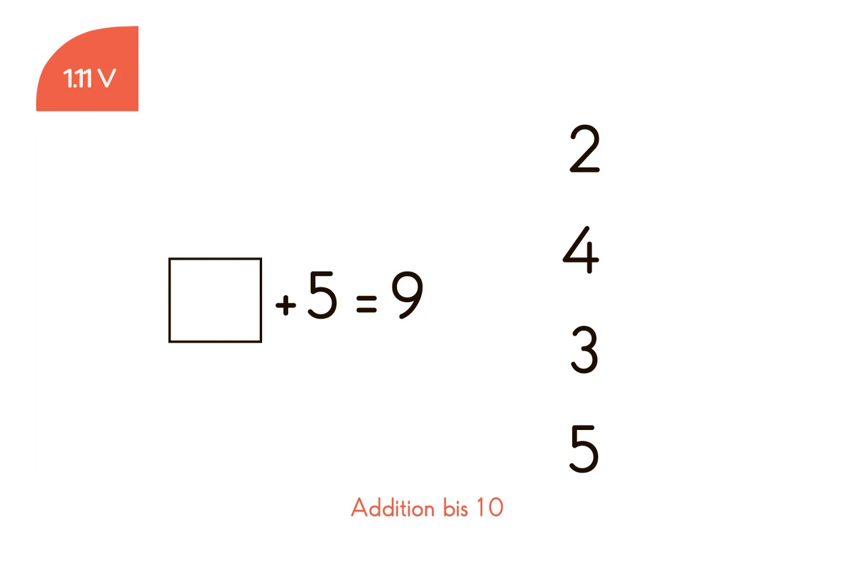 Beispielkarte "+5=9" aus dem Kartensatz "Addition bis 20" für den Lochkasten – Plusrechnen für die 1. Klasse vom Kölner Lernspielverlag