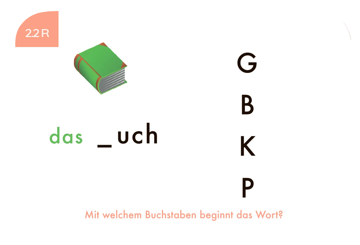 Beispielkarte "das _uch" aus dem Kartensatz "Finde den Anfangs- und Endbuchstaben" – Anfangsbuchstaben erkennen für die 1. Klasse vom Kölner Lernspielverlag