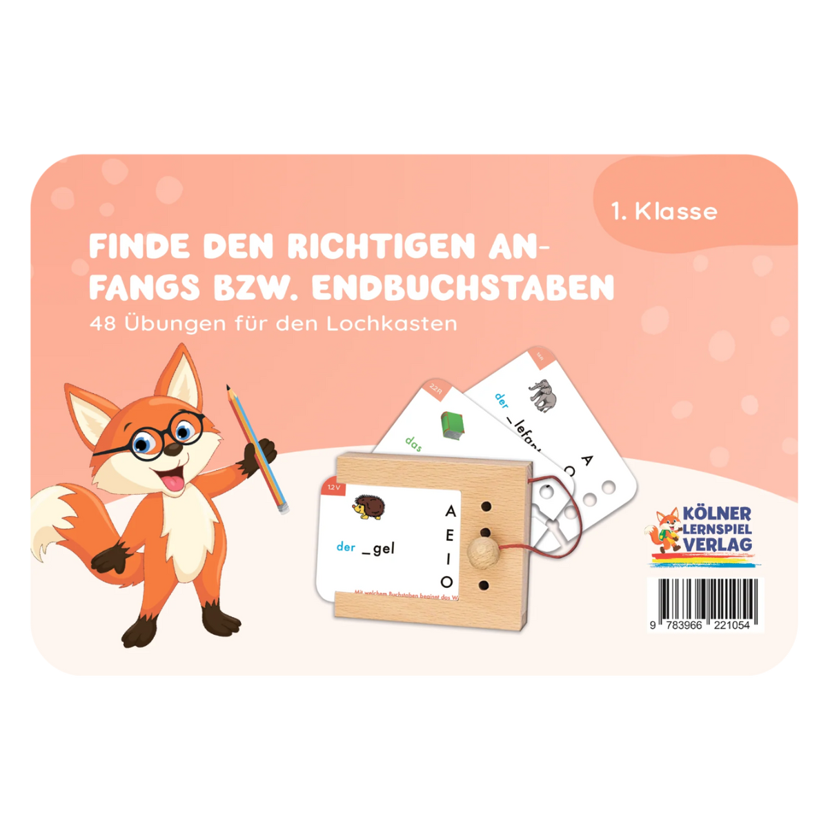 Kartensatz "Finde den Anfangs- und Endbuchstaben" vom Kölner Lernspielverlag für den Lochkasten – Lernkarten für die 1. Klasse, schöne Geschenkidee zum Schulstart oder Geburtstag