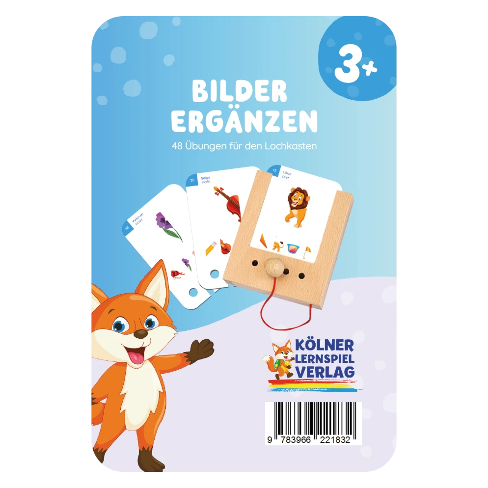 Kartensatz "Bilder ergänzen 3+" vom Kölner Lernspielverlag für den Lochkasten – Lernkarten ab 3 Jahren