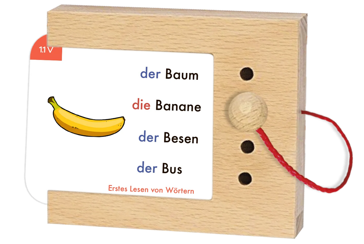 Lochkasten mit Wortkarte "Baum, Banane, Besen, Bus" aus dem Kartensatz "Erstes Lesen von Wörtern" – Lesetraining für die 1. Klasse vom Kölner Lernspielverlag