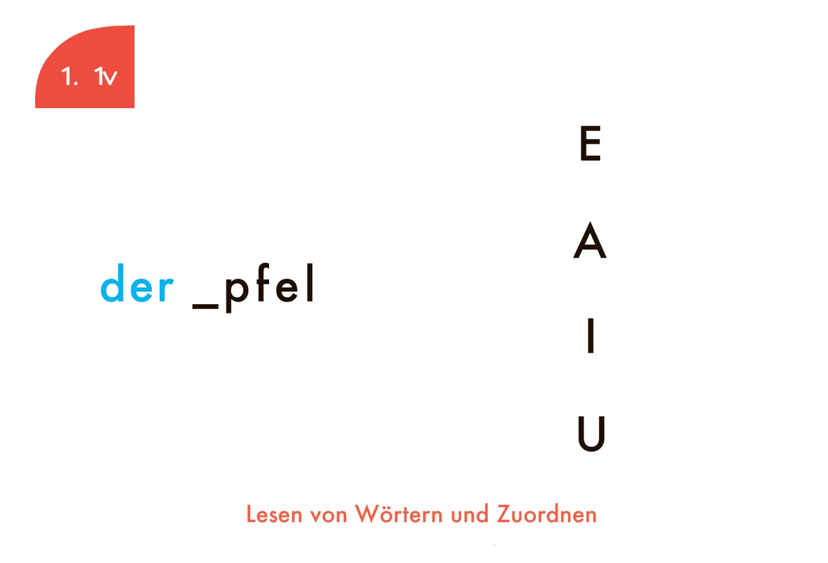 Beispielkarte "der _pfel" aus dem Kartensatz "Lesen von Wörtern und Zuordnen" – fehlenden Buchstaben ergänzen für die 2. Klasse vom Kölner Lernspielverlag