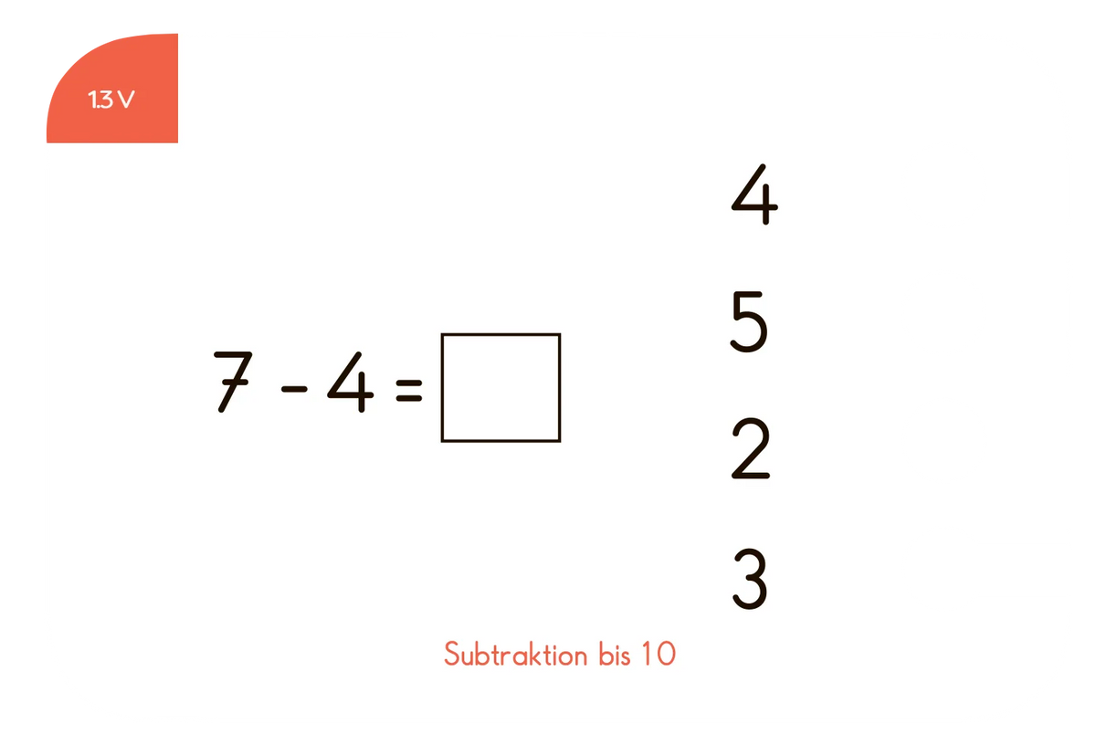 Beispielkarte "7-4" aus dem Kartensatz "Subtraktion bis 20" für den Lochkasten – Minusrechnen für die 1. Klasse vom Kölner Lernspielverlag