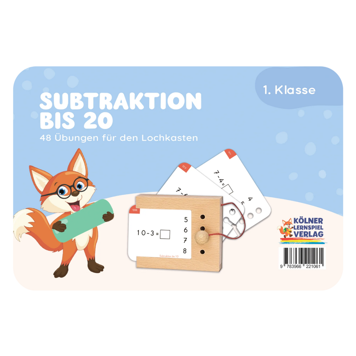 Kartensatz "Subtraktion bis 20" vom Kölner Lernspielverlag für den Lochkasten – Lernkarten für die 1. Klasse, schöne Geschenkidee zum Schulstart oder Geburtstag