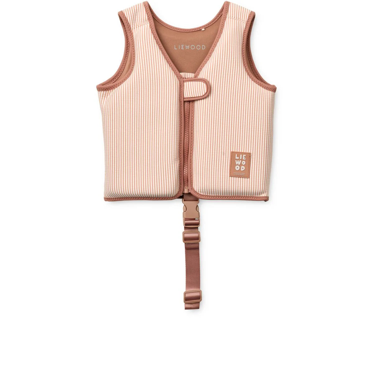 Liewood Schwimmweste für Kinder in Apricot mit Streifen-Muster, Schnalle und Logo-Patch – Vorderansicht auf weißem Hintergrund bei Burgfrollein