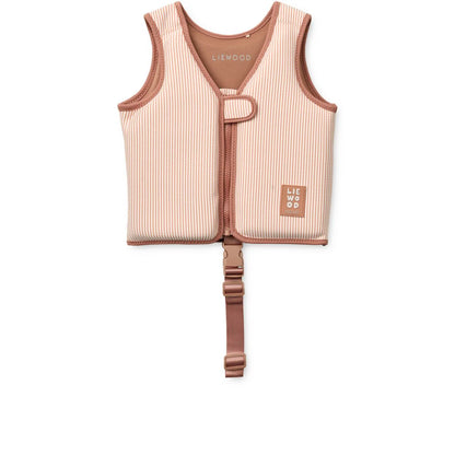 Liewood Schwimmweste für Kinder in Apricot mit Streifen-Muster, Schnalle und Logo-Patch – Vorderansicht auf weißem Hintergrund bei Burgfrollein