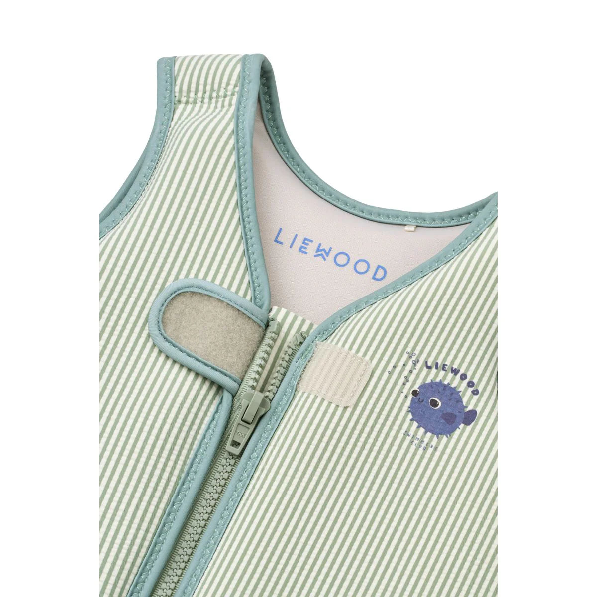 Detailansicht der Liewood Schwimmweste für Kinder in Mint gestreift mit Logo-Stickerei, Kugelfisch-Print, Reißverschluss und Klettverschluss bei Burgfrollein