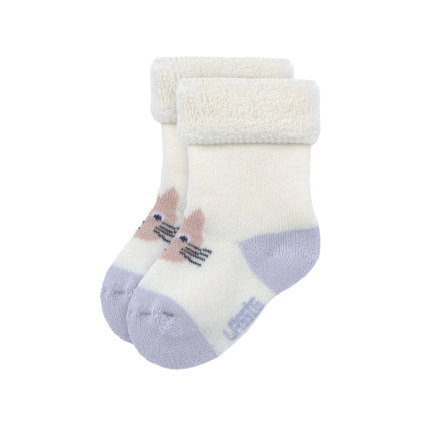Weiße Babysocken mit Katzen-Motiv und lila Details – enthalten im 3er Set „Katze" von Lässig, weiche Terry-Erstlingssöckchen für Babys