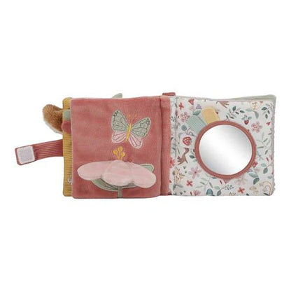 Aufgeklapptes Little Dutch Buggybuch Fairy Garden in Rosa mit Schmetterling, Blume und Spiegel auf floralem Hintergrund – Babybuch für Kinderwagen und Maxi-Cosi bei Burgfrollein
