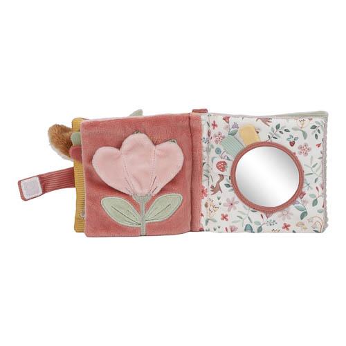 Aufgeklapptes Little Dutch Buggybuch Fairy Garden in Rosa mit Tulpe und Spiegel auf floralem Hintergrund – Babybuch für Kinderwagen und Maxi-Cosi bei Burgfrollein