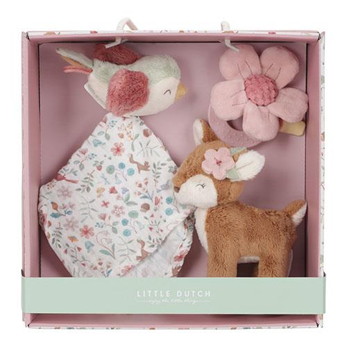 Little Dutch Geschenkset Fairy Garden in rosa Geschenkbox – mit Reh-Kuscheltier, Vogel-Schmusetuch und Blumen-Beißring, ideal als Babygeschenk
