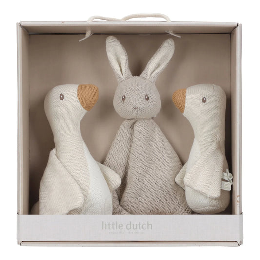 Little Dutch Geschenkset aus der Newborn Naturals Kollektion in beiger Geschenkbox – mit zwei Gans-Kuscheltieren und Schmusetuch Hase, ideal als Babygeschenk für Jungen und Mädchen